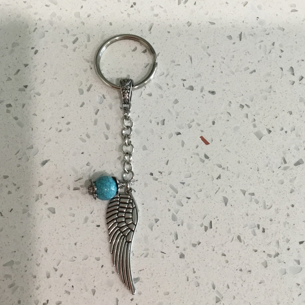 Silver Wing Charm Keychain with Turquoise Bead - Women Accessories